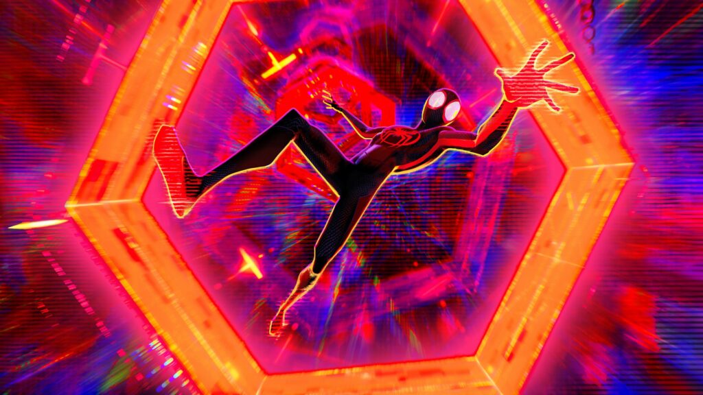 A black and red suited Spider-Man falling into a portal